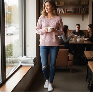 Tahari Soft Pink V-Neck Cable Knit Sweater